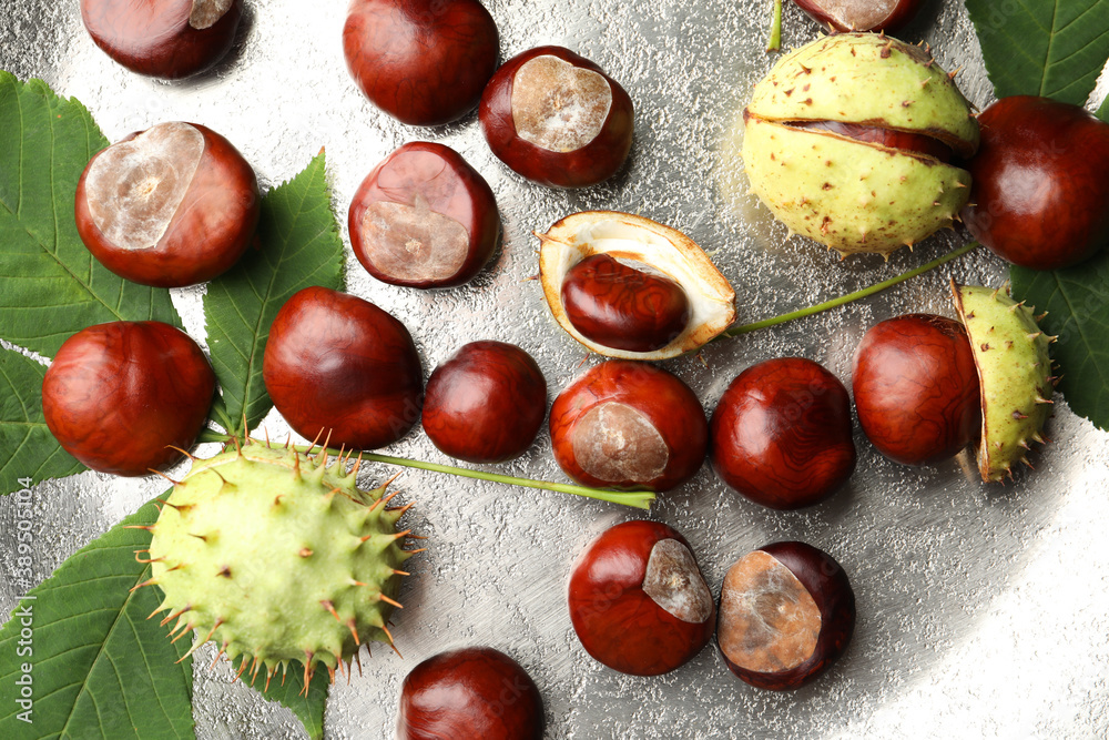 Horse chestnuts and leaves on plate, flat lay Horse chestnuts and leaves on plate, flat lay