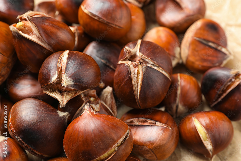 Obraz premium Tasty roasted edible chestnuts on parchment, closeup