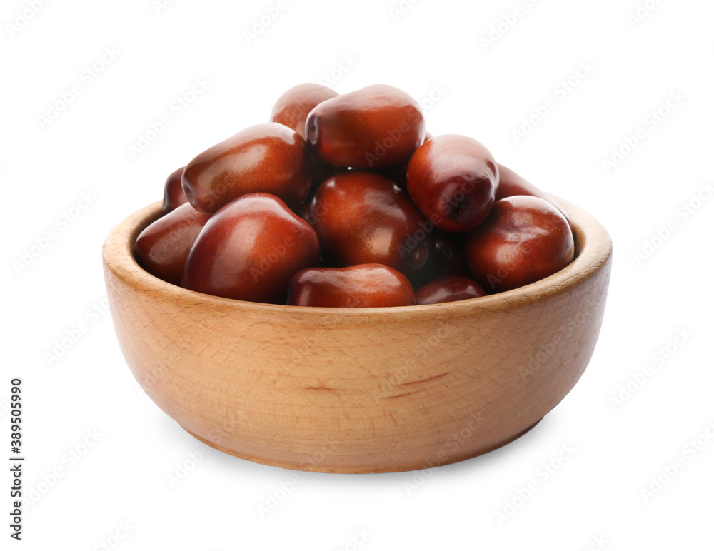 Fresh ripe oil palm fruits in bowl isolated on white Fresh ripe oil palm fruits in bowl isolated on white