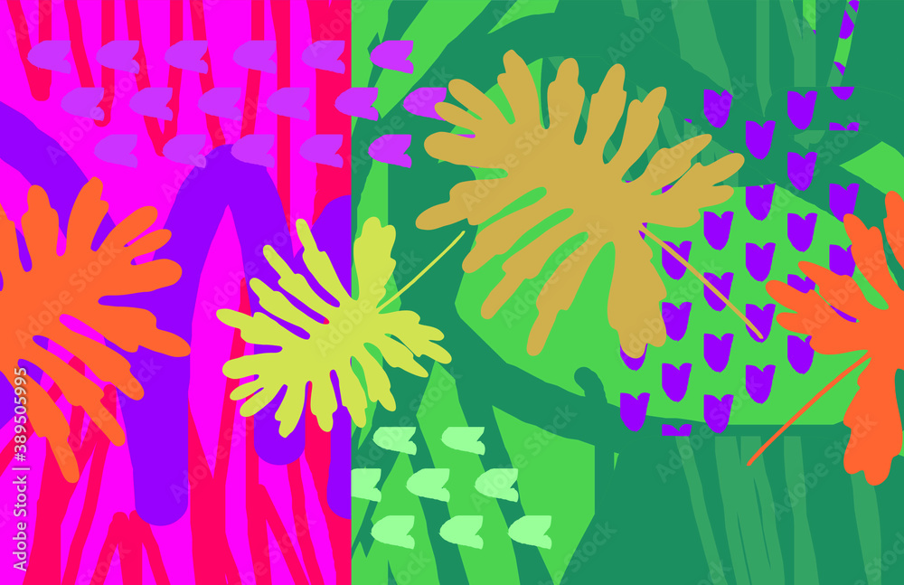 Summer tropical abstract background with trendy colors with exotic leaves and flowers. Vector floral background. Summer tropical abstract background with trendy colors with exotic leaves and flowers. Vector floral background.