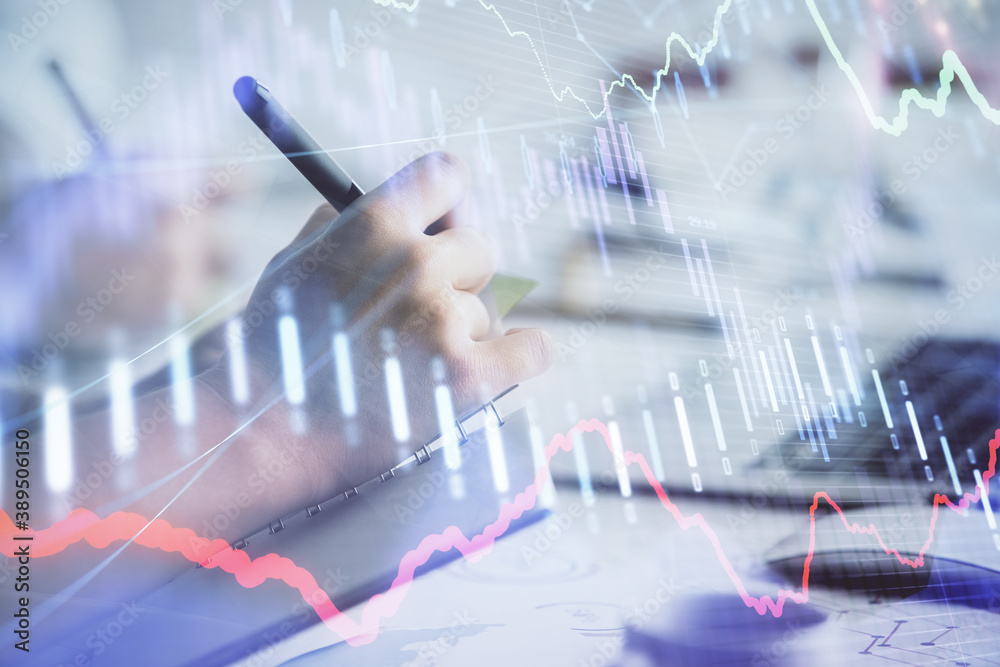 Double exposure of forex graph drawing over people taking notes background. Concept of financial analysis Double exposure of forex graph drawing over people taking notes background. Concept of financial analysis