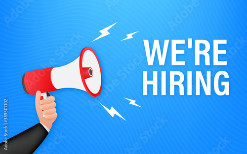 We re Hiring web banner. Megaphone With We are Hiring Speech on green background. Vector stock illustration.