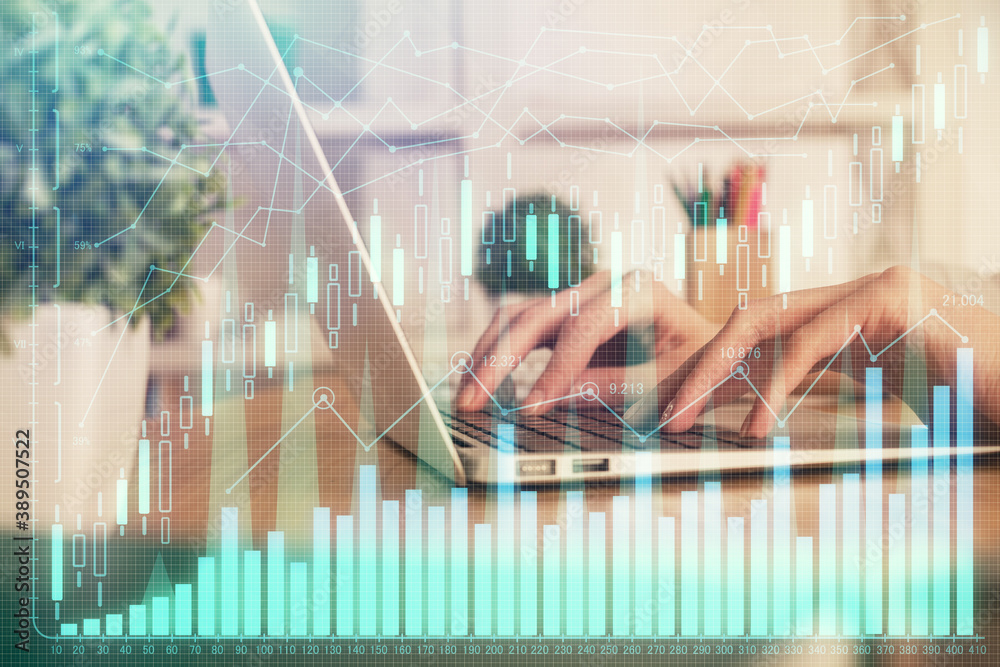 Double exposure of woman hands typing on computer and forex chart hologram drawing. Stock market invest concept. Double exposure of woman hands typing on computer and forex chart hologram drawing. Stock market invest concept.
