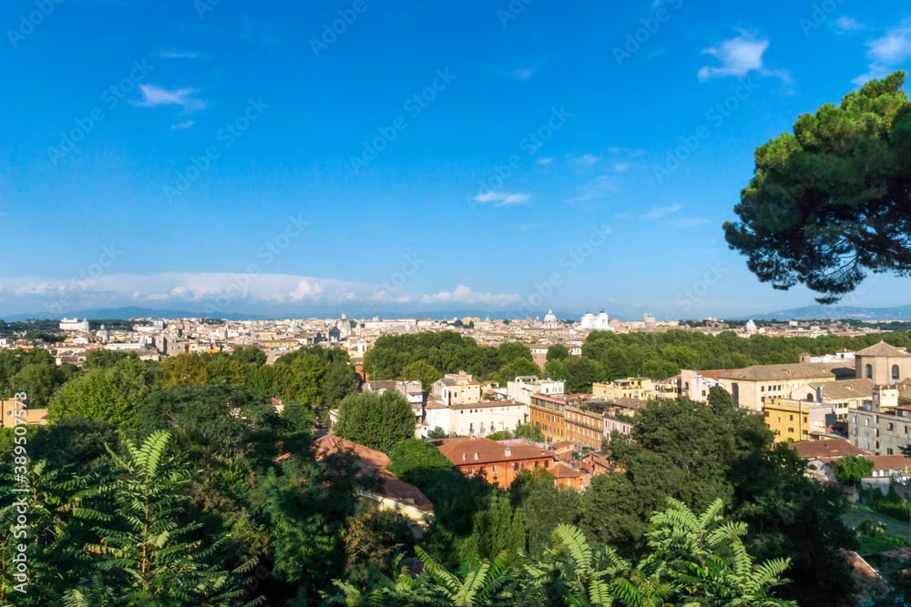 Panorama over Rome city in Italy, from high angle viewpoint. Architecture and travelling concept.