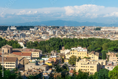 Panorama over Rome city in Italy, from high angle viewpoint. Architecture and travelling concept.