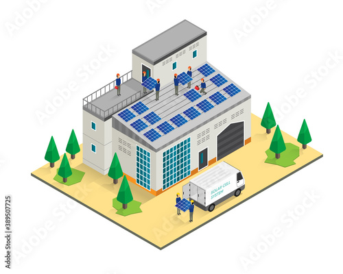 the man working installation solar cell on roof top