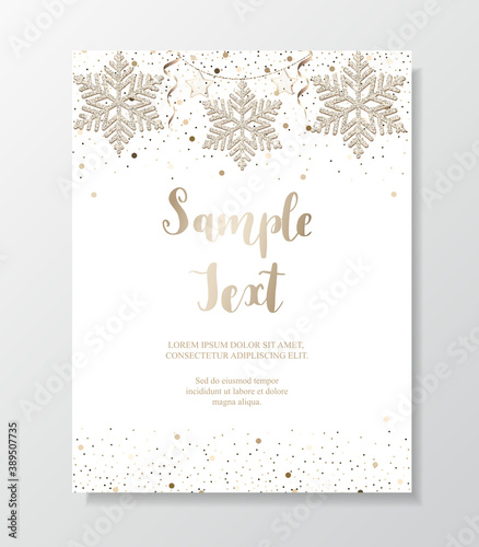 Christmas background card with gold glitter confetti, snowflakes, stars and garland.