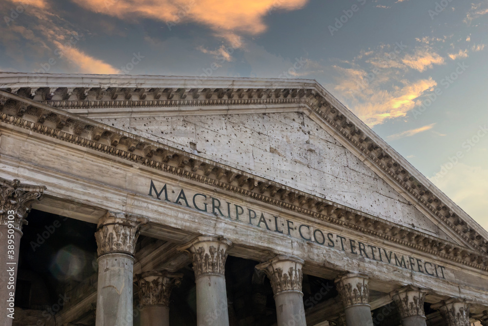 Sunset over Pantheon roman temple and catholic church in rome Italy. Architecture and travelling concept.