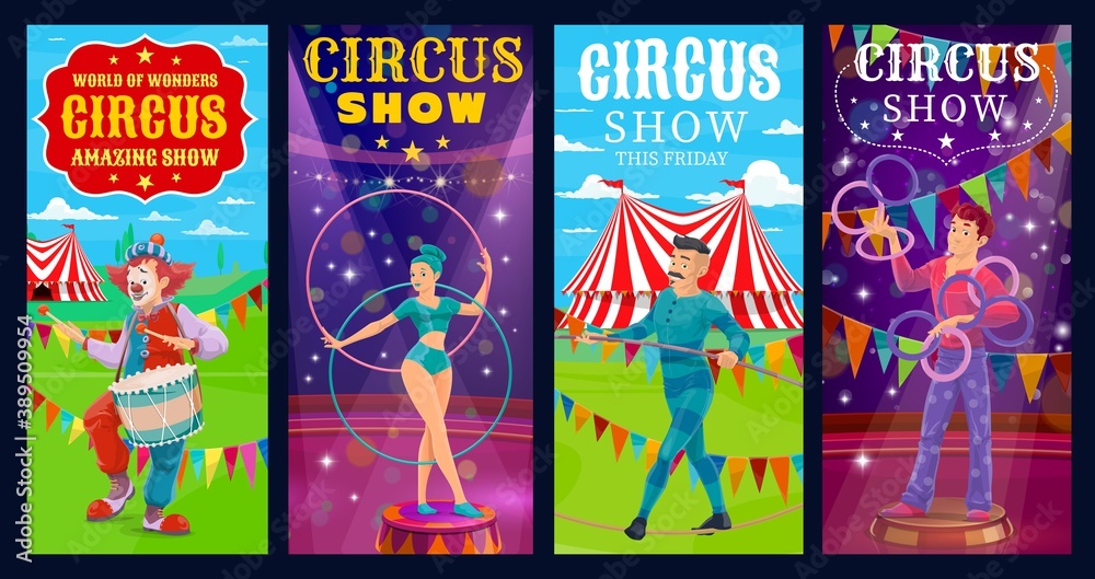 Circus performers vector banners. Big top gymnast woman, clown ...