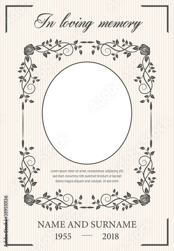Funeral card vector template with oval frame for photo, condolence rose flowers, leaves flourishes, place for name, birth and death dates. Obituary memorial, funereal card, in loving memory typography