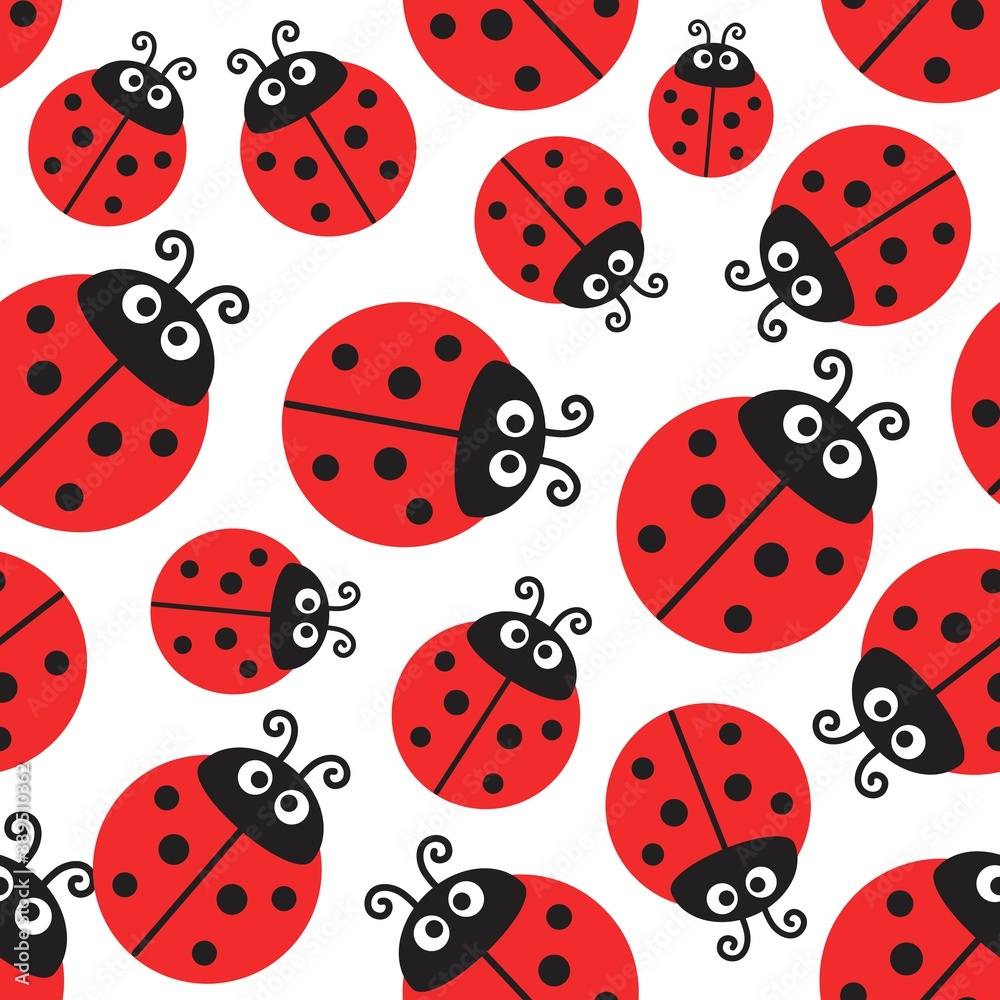 Ladybug pattern, vector seamless wrapping paper or cute baby design. Ladybird decorative fabric with funny insects on white background. Cartoon kids wallpaper, textile ornament repeat ladybug texture