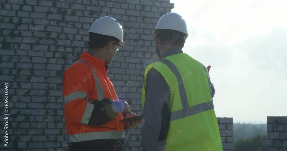 Builder with tablet discussing construction with coworker Builder with tablet discussing construction with coworker