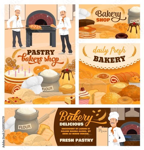 Pastry shop and bakery cartoon vector posters set. Pizzeria chef, baker in toque with menu, holiday cakes and pies, wheat and rye bread, cupcake, sack with flour and rolling pin. Bakeshop sweet pastry