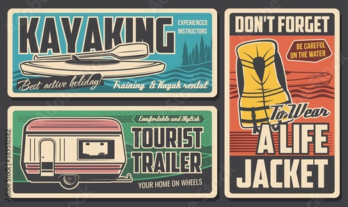 Camp hiking and kayaking, mountain camping travel, forest nature and outdoor summer adventure, vector vintage posters. Park wild trekking expedition, lake or river kayak sport and tourist van trailer
