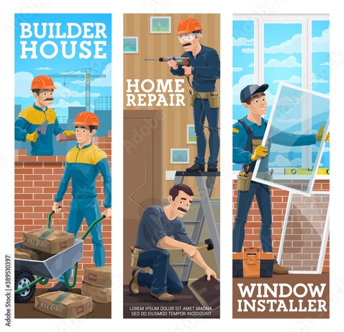 House builder, home repair maser, window installer banners. Builders working on site, handyman laying laminate flooring, installing window. Construction and house renovation workers characters vector