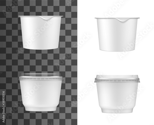 Plastic containers for sour cream, yogurt or jam. Isolated vector white jars with foil and transparent plastic lids. Realistic mockup template for products packaging, Blank food packs design 3d set
