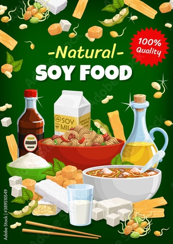 Soy food and natural soybean vector products. Asian cuisine  vegetarian and vegan miso soup with soy sauce and tofu cheese  soybean milk and oil  flour  meat natural organic food ingredients poster