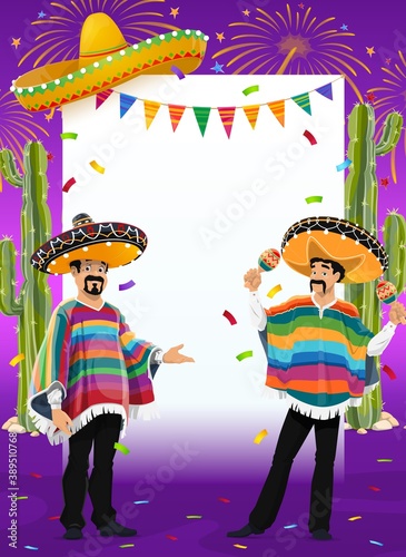 Mexican holiday vector frame with mariachi musicians at Cinco de Mayo festival. Music band cartoon characters in sombrero and poncho playing maracas. Fiesta carnival border with fireworks and cacti