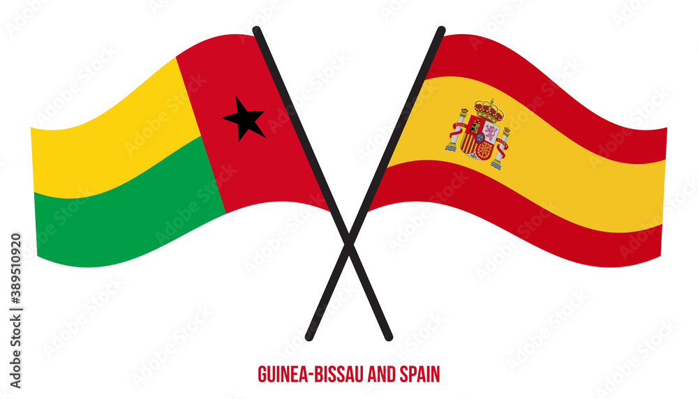 Guinea-Bissau and Spain Flags Crossed And Waving Flat Style. Official Proportion. Correct Colors. Guinea-Bissau and Spain Flags Crossed And Waving Flat Style. Official Proportion. Correct Colors.