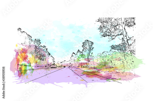 Building view with landmark of Caxias do Sul is a city in Rio Grande do Sul, Southern Brazil. Watercolor splash with hand drawn sketch illustration in vector.