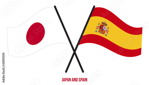 Japan and Spain Flags Crossed And Waving Flat Style. Official Proportion. Correct Colors.
