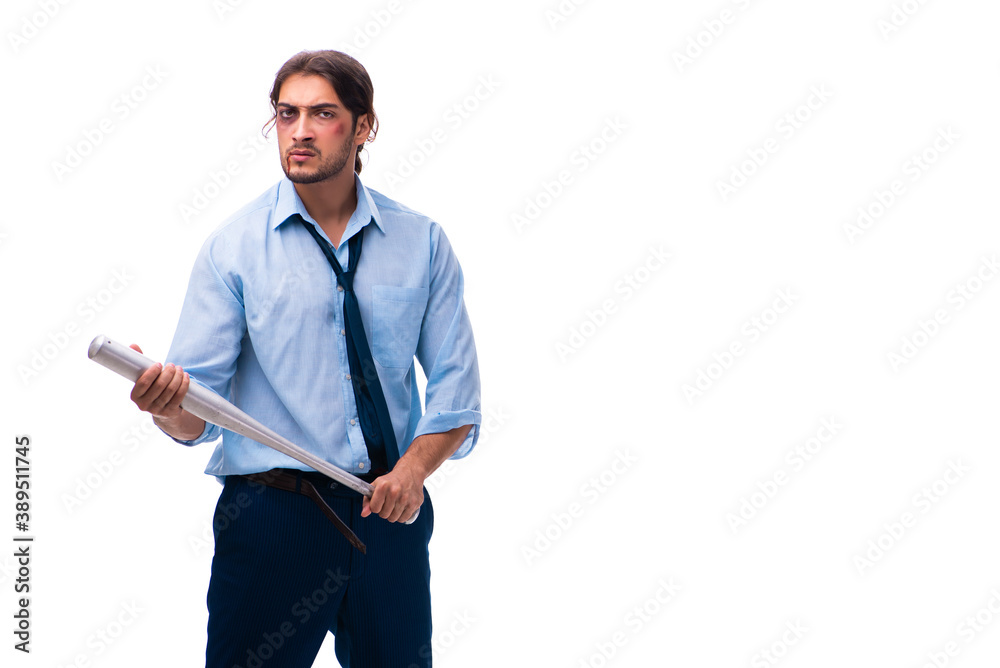 Young male employee holding baseball bat isolated on white Young male employee holding baseball bat isolated on white