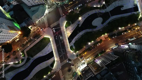 July 22, 2018, Aerial View of Liuchuan Canal has a top attraction in Taichung City. Great place for night photography and a lovely dating place where couples can leisurely stroll along the canal.