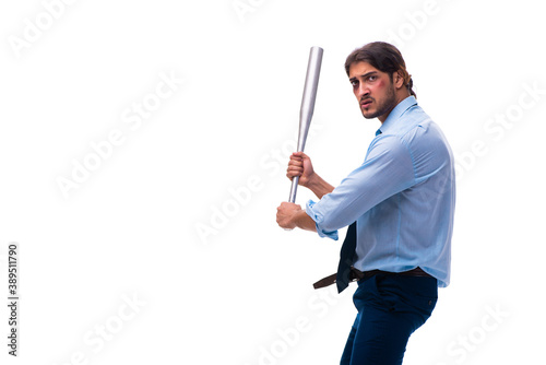 Young male employee holding baseball bat isolated on white