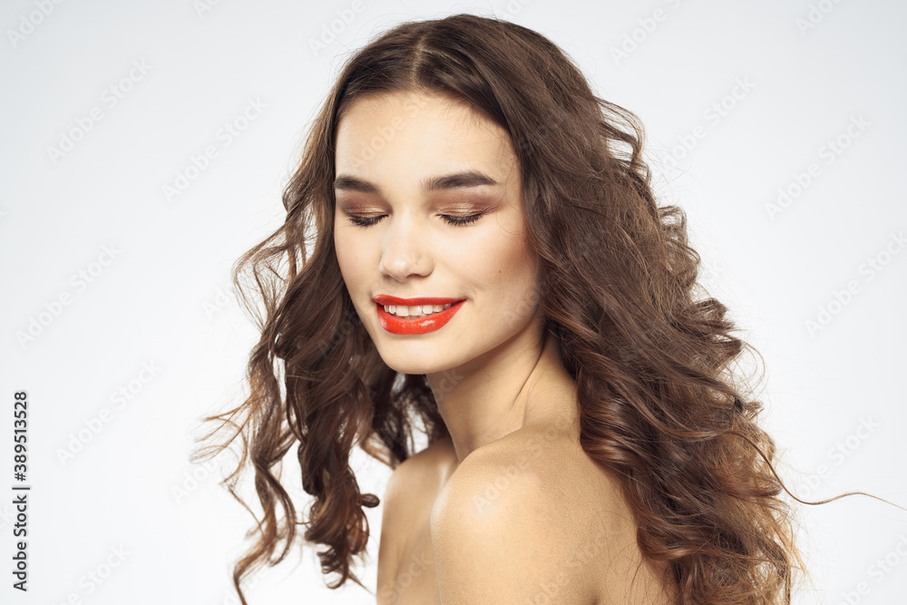 Elegant woman with bare shoulders red lips glamor attractive look cropped look Elegant woman with bare shoulders red lips glamor attractive look cropped look