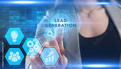 Business, Technology, Internet and network concept. Young businessman working on a virtual screen of the future and sees the inscription: Lead generation