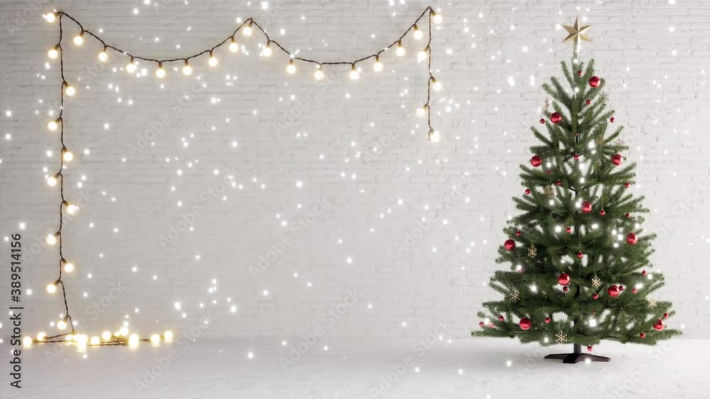 christmas tree and snow falling on brick white background