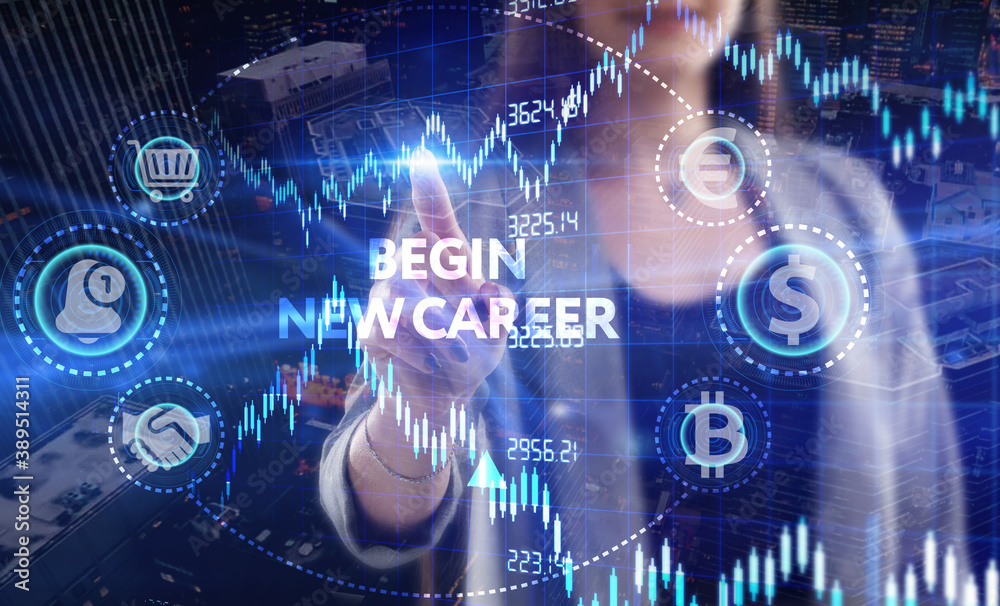 Business, Technology, Internet and network concept. Young businessman working on a virtual screen of the future and sees the inscription: Begin new career Business, Technology, Internet and network concept. Young businessman working on a virtual screen of the future and sees the inscription: Begin new career