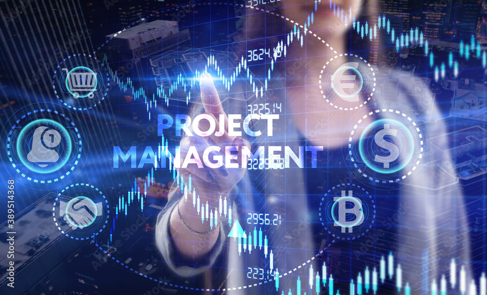 Business, Technology, Internet and network concept. Young businessman working on a virtual screen of the future and sees the inscription: Project management