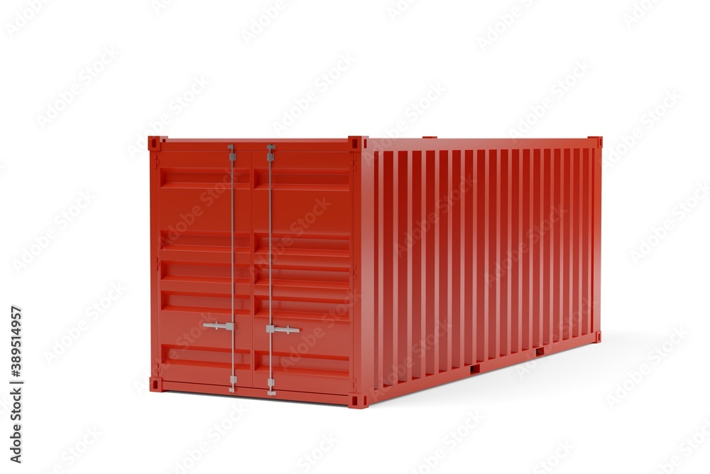 Single, red, intermodal cargo shipping container over white background