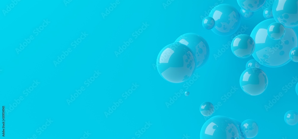 Random pattern of blue drop spheres floating in front of cyan wall background template with copy space