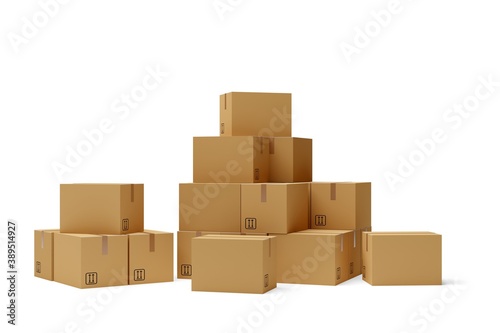 Stack or heap of brown carton cardboard boxes over white background, freight, deilvery or shipping concept © Shawn Hempel