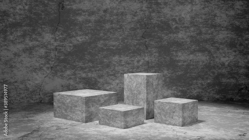 Concrete cube stands on gray wall background. Abstract minimal scene to show product on rough stone podiums. 3d render