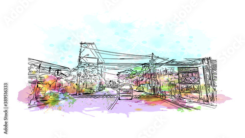 Building view with landmark of Cavite is a province in the Philippines located in the Calabarzon region in Luzon. Watercolor splash with hand drawn sketch illustration in vector. photo