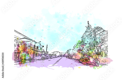 Building view with landmark of Cavite is a province in the Philippines located in the Calabarzon region in Luzon. Watercolor splash with hand drawn sketch illustration in vector. photo