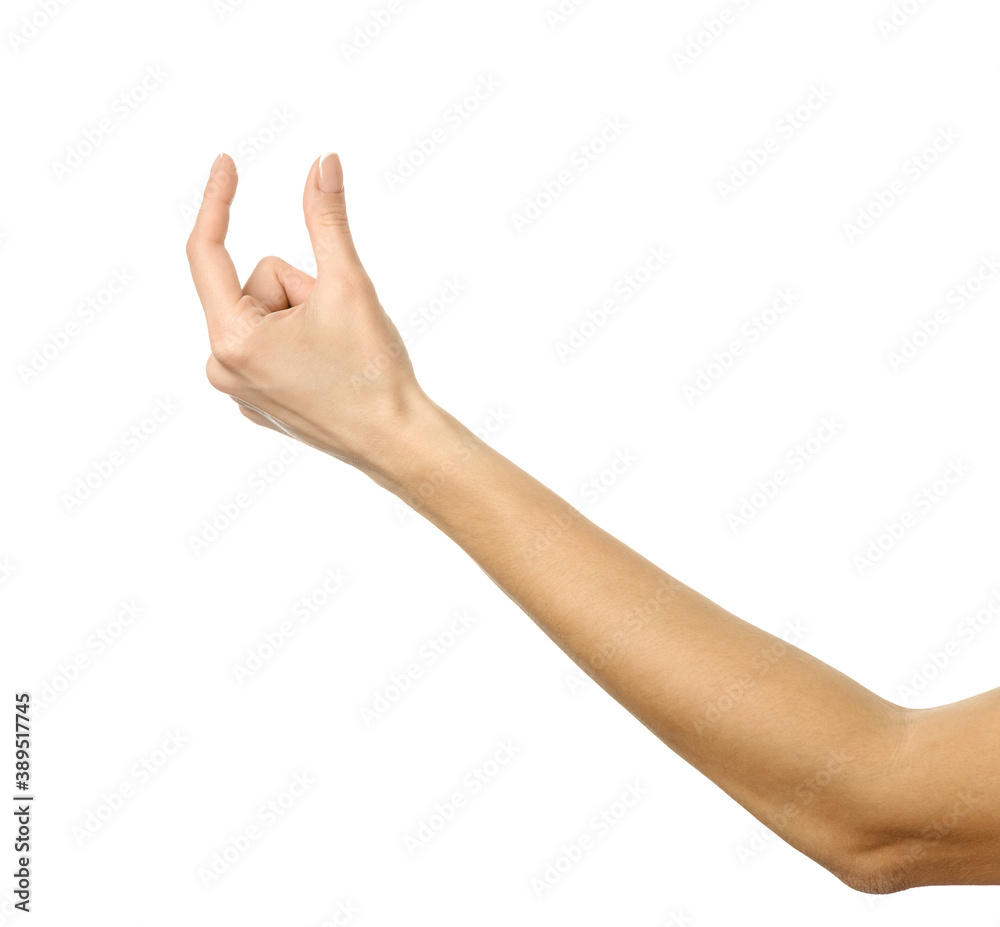 Measuring invisible item. Woman hand gesturing isolated on white Measuring invisible item. Woman hand gesturing isolated on white