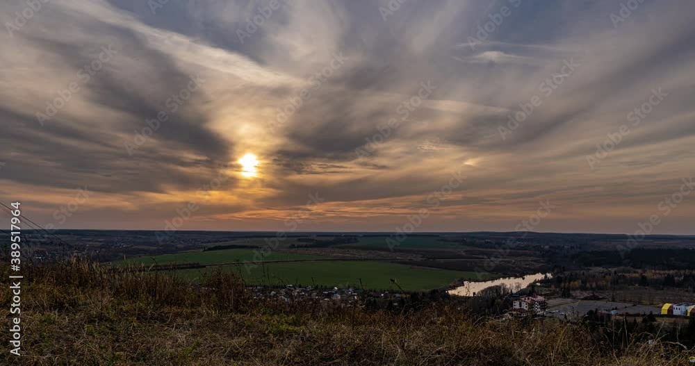 Aerial View Of Sunshine Bright Dramatic Sky. Scenic Colorful Sky At Dawn. Sunset Sky Above Autumn Field And Meadow, Forest Landscape In Evening. Top View From High Attitude. Hyperlapse Aerial View Of Sunshine Bright Dramatic Sky. Scenic Colorful Sky At Dawn. Sunset Sky Above Autumn Field And Meadow, Forest Landscape In Evening. Top View From High Attitude. Hyperlapse