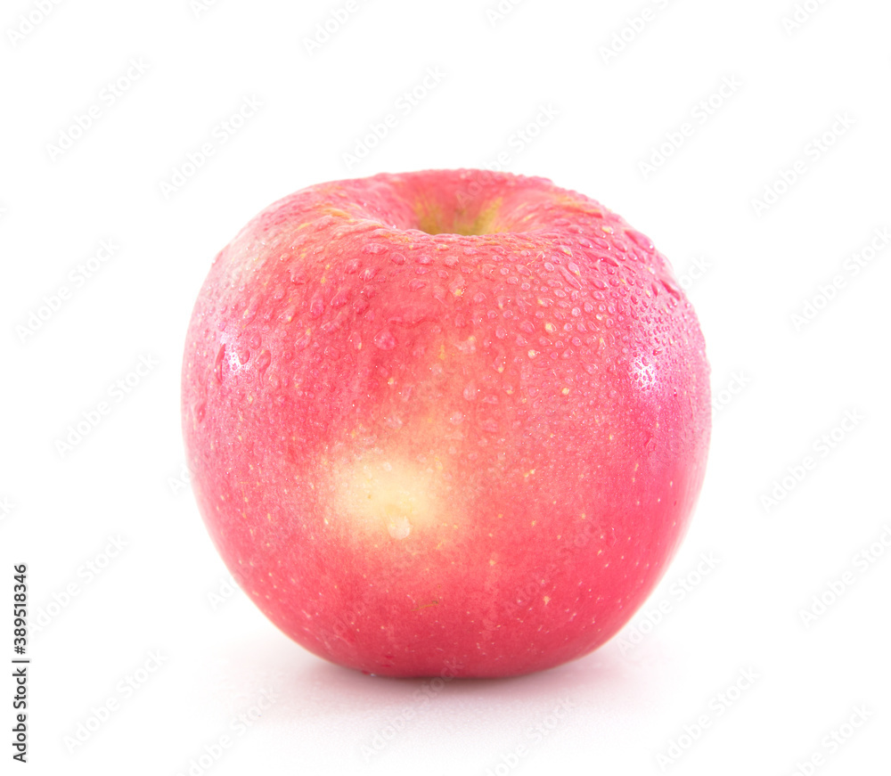 A red apple with water drops on white background