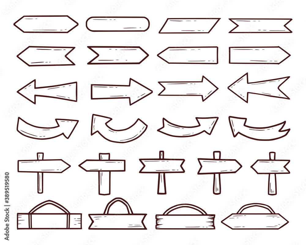 Set of wood sign and arrow hand drawing outline cartoon vector