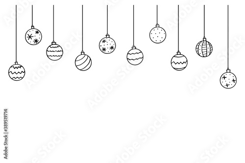 Christmas and New Year background with Hanging simple outline Christmas Balls  isolated  hand drawn. Vector holiday backdrop in doodle style