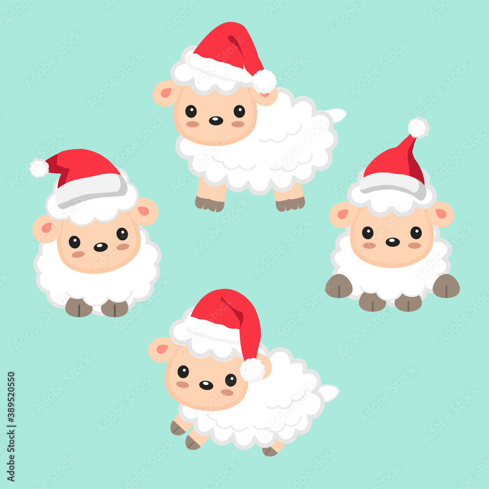 Set of sheeps wearing Santa's hat for Christmas celebration.