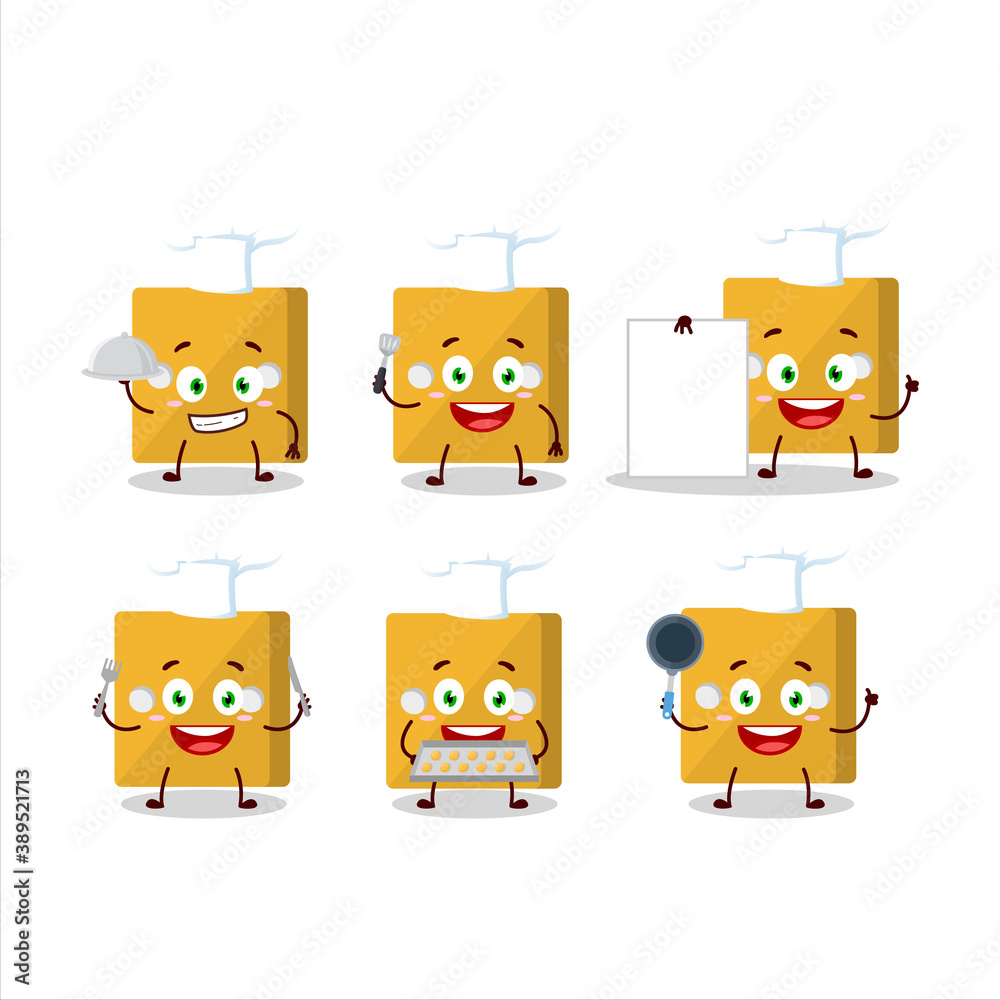 Cartoon character of yellow dice with various chef emoticons