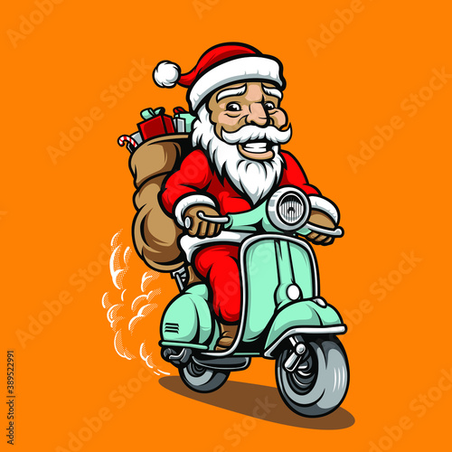 Santa Ride a Scooter Illustration Mascot