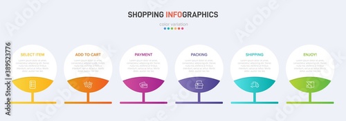 Concept of shopping process with 6 successive steps. Six colorful graphic elements. Timeline design for brochure, presentation, web site. Infographic design layout.