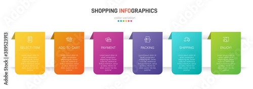 Concept of shopping process with 6 successive steps. Six colorful graphic elements. Timeline design for brochure, presentation, web site. Infographic design layout.
