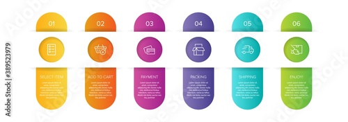 Concept of shopping process with 6 successive steps. Six colorful graphic elements. Timeline design for brochure, presentation, web site. Infographic design layout.